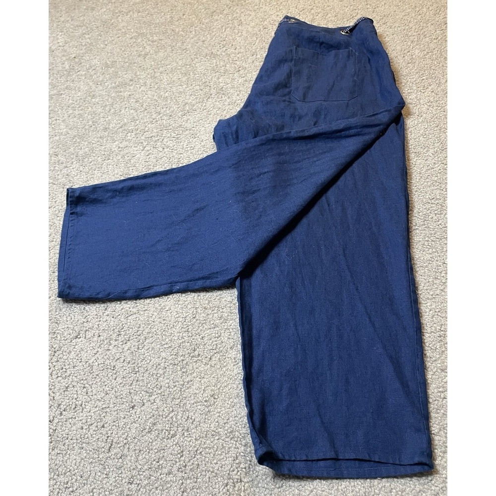 Alexandra Bartlett Linen Crop Pants 16W Blue Grommet With Tie High Rise Straight